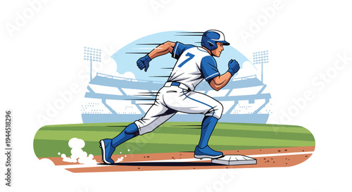 Modern vector illustration of baseball player running between bases during fast paced competitive match