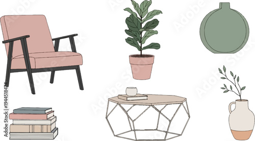 Cozy interior elements chair, potted plant, table with books, and vases