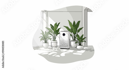Modern air purifier surrounded by lush green houseplants in a bright, sunlit room