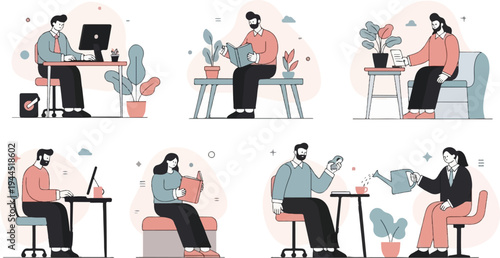 Diverse individuals engage in various work-related activities and relaxation