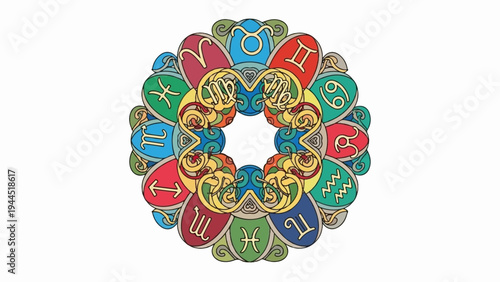 Colorful circular design features zodiac symbols in a decorative pattern