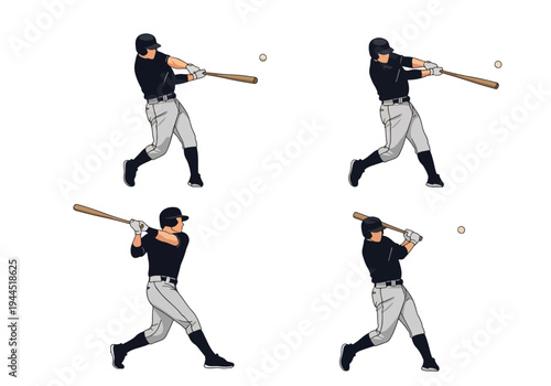 collection set vector illustration of Baseball batter swing sequence showing step by step hitting motion isolated on white background