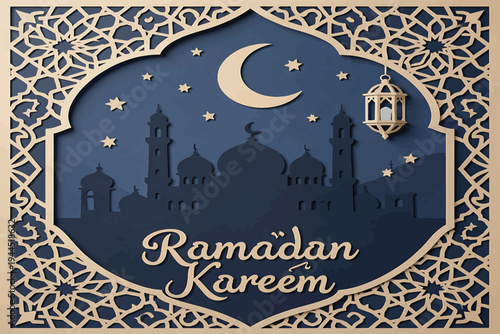 Elegant paper cut illustration celebrating the spiritual essence of Ramadan with mosque, moon, and ornate design