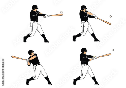 collection set vector illustration of Baseball batter swing sequence showing step by step hitting motion isolated on white background