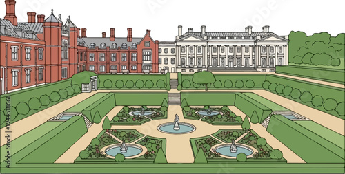 Ornate formal gardens with fountains lead to grand historic estate with brick structures