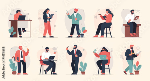 Diverse professionals engage in office tasks and breaks with modern flat art style