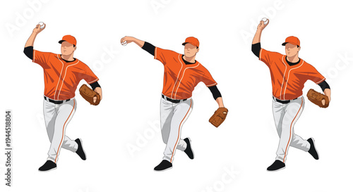 collection set vector illustration of Baseball pitcher throwing sequence, dynamic step by step pitching motion isolated on white background