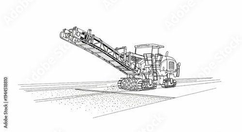 Heavy construction equipment is shown on a road surface, removing asphalt