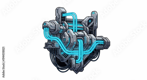 Complex futuristic machinery with glowing blue pipes and metallic gray components