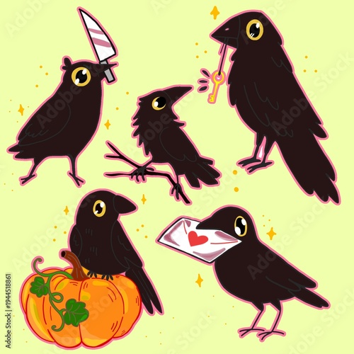 drawing Illustration of Black Crows in Various Poses with Vibrant