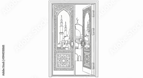 Ornate doorway opens to reveal detailed Islamic cityscape with domes and minarets