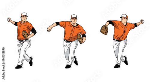 collection set vector illustration of Baseball pitcher throwing sequence, dynamic step by step pitching motion isolated on white background