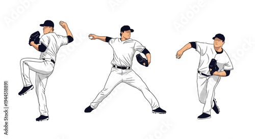 collection set vector illustration of Baseball pitcher throwing sequence, dynamic step by step pitching motion isolated on white background