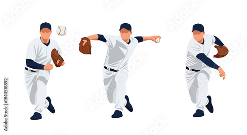 collection set vector illustration of Baseball pitcher throwing sequence, dynamic step by step pitching motion isolated on white background