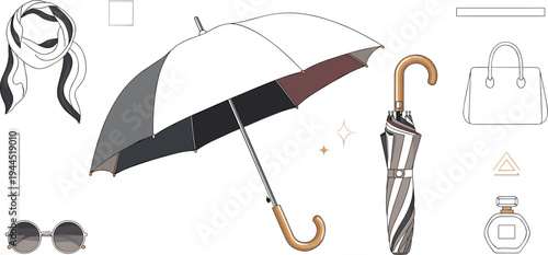 Fashion umbrella accessories collection with stylish umbrella folded umbrella sunglasses scarf handbag and perfume elegant lifestyle vector illustration set