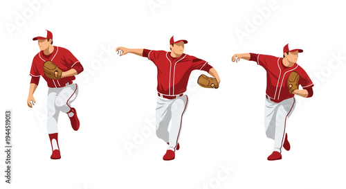 collection set vector illustration of Baseball pitcher throwing sequence, dynamic step by step pitching motion isolated on white background