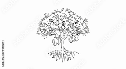 Delicate line art depicts a flowering tree with ripening pods and exposed roots