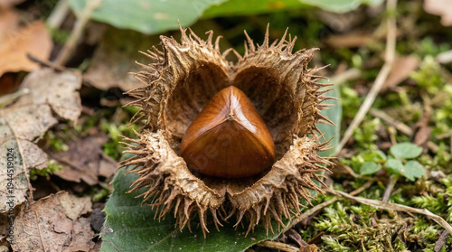 macro shot of a single beechnut (fagus sylvatica) inside its open husk on the forest floor