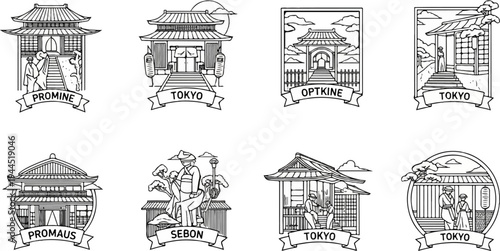 Japanese architectural scenes with people and text banners