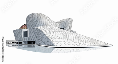 Modern hexagonal facade building with reflection on water