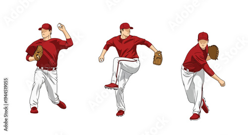 collection set vector illustration of Baseball pitcher throwing sequence, dynamic step by step pitching motion isolated on white background