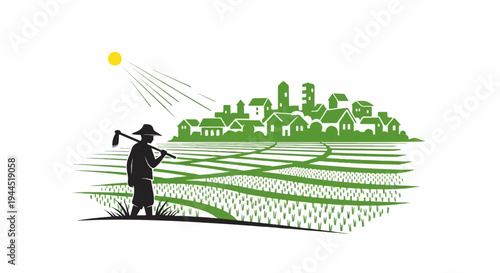 Farmer with hoe under sun, overlooking rice fields and a village