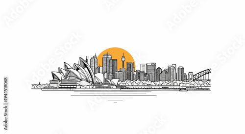Hand-drawn skyline of a harbor city with iconic opera house and sun