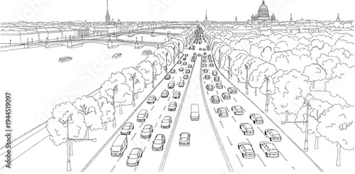 Wide urban avenue lined with trees, bustling with traffic toward distant city skyline