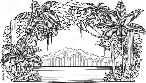 Lush tropical jungle scene with palm trees, waterfall, and a tranquil river