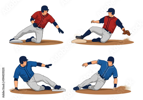 collection set vector illustration of Baseball player sliding into base, competitive game action isolated on white background, perfect for tournament promotion, sports