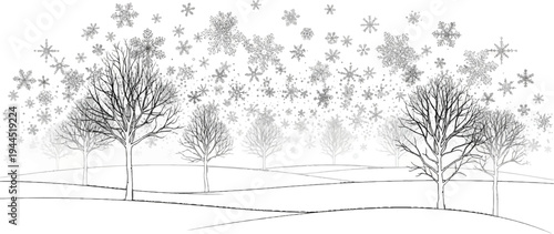 Winter scene with falling snowflakes and barren trees on rolling hills