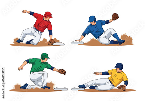 collection set vector illustration of Baseball player sliding into base, competitive game action isolated on white background, perfect for tournament promotion, sports