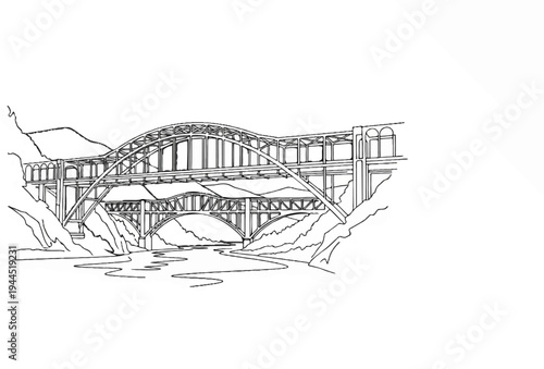Detailed architectural sketch of a multi-level steel arch bridge spanning a river in a mountainous landscape