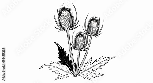 Detailed etching of three spiky thistle heads with serrated leaves