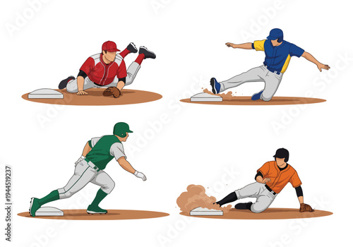 collection set vector illustration of Baseball player sliding into base, competitive game action isolated on white background, perfect for tournament promotion, sports