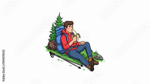 Hiker rests by trees, eats banana, with pack and poles