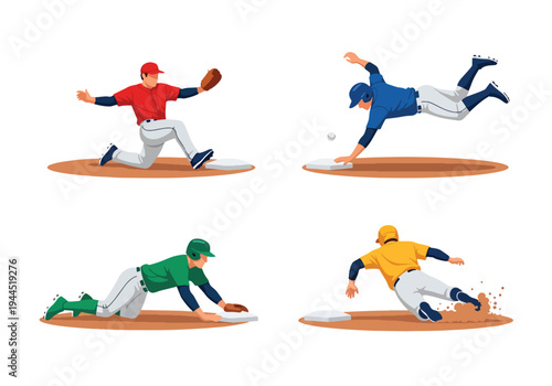 collection set vector illustration of Baseball player sliding into base, competitive game action isolated on white background, perfect for tournament promotion, sports