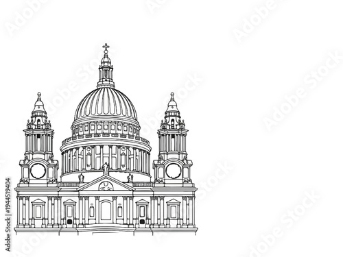 Detailed sketch of a grand domed cathedral with flanking towers and ornate facade