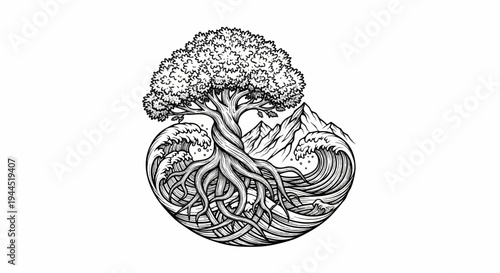 Intricate tree with roots in ocean waves and mountains in background