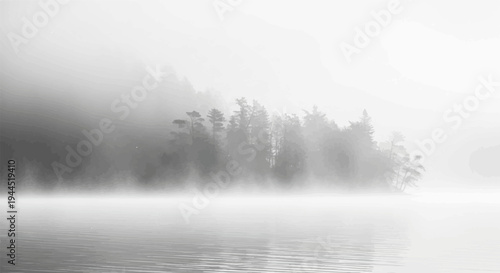Misty lake with silhouetted trees on the far shore, in monochrome