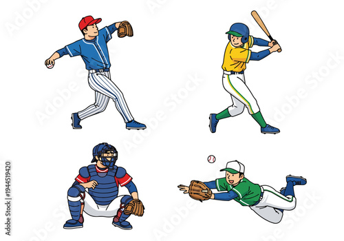 japanese style cute cartoon baseball players set featuring batter, pitcher, catcher and runner in flat vector style isolated on white background, ideal for youth sports branding and kids merchandise