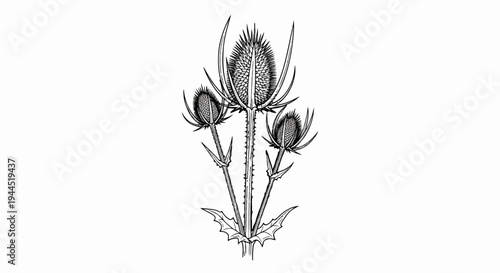 Black and white line art illustration of a flowering thistle plant