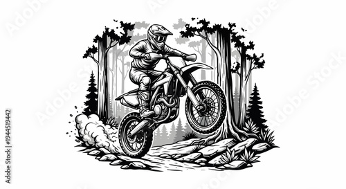 Dirt bike rider soaring over rocky terrain in a forest