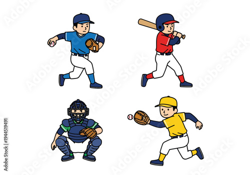 japanese style cute cartoon baseball players set featuring batter, pitcher, catcher and runner in flat vector style isolated on white background, ideal for youth sports branding and kids merchandise
