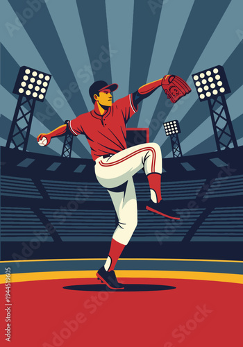 Retro baseball pitcher on stadium mound at sunset in bold sports poster style with dramatic arena lights and strong graphic composition, ideal for championship event promotion and wall art prints