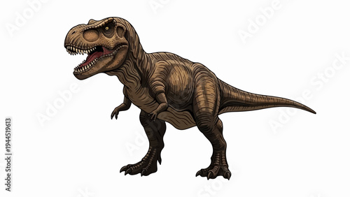 Fierce brown Tyrannosaurus Rex with sharp teeth and claws on white background