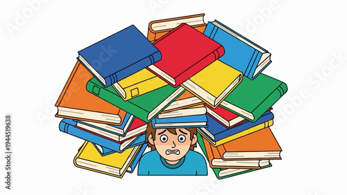 Overwhelmed person buried under a large, colorful stack of books