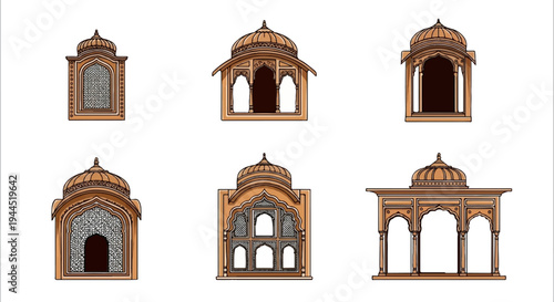 Ornate architectural elements with domes and decorative window designs