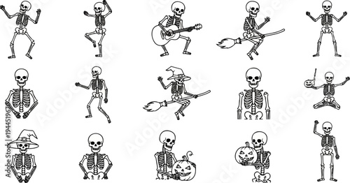Diverse skeleton characters in various Halloween-themed poses and activities