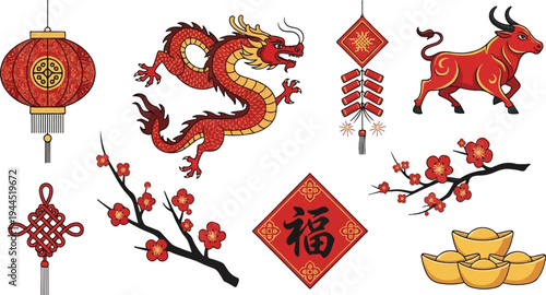 Festive Chinese New Year symbols dragon, lantern, bull, firecrackers, gold ingots
